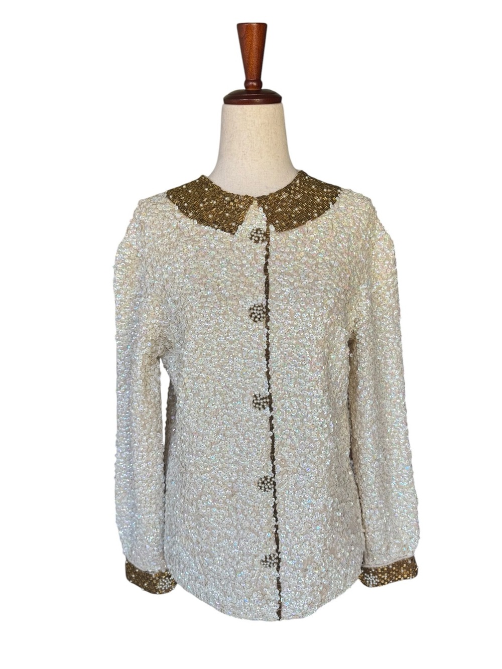 Vintage 60s Ivory Sequin Trompe l'oeil Top Sweater with Gold Trim